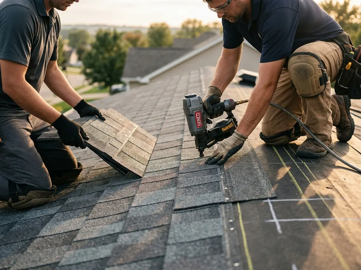 Professional roofer working on a residential roof in Diboll